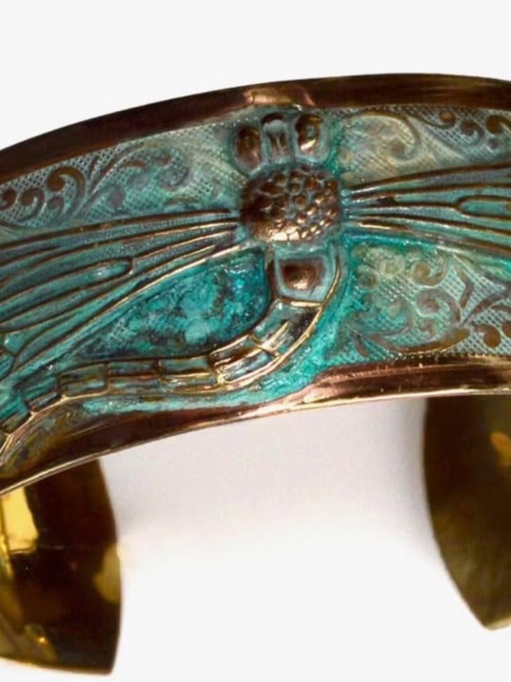 Verdigris Patina Solid Brass Decorative Dragonfly Cuff